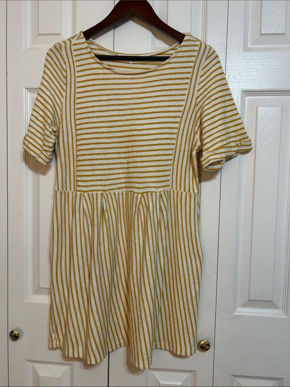 The Impeccable Pig Yellow and Cream Striped Short Sleeve Dress